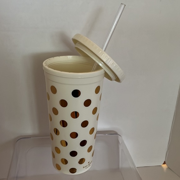Kate Spade Cream with Gold Dot Acrylic Cold Cup Tumbler/Clear Straw EUC 24oz - Picture 4 of 4